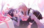  1girl 1other :d ^_^ akiyama_mizuki arm_up back_bow balloon black_bow black_dress black_hair black_ribbon blurry blurry_foreground bow box brown_eyes character_name closed_eyes collared_shirt commentary covered_mouth curled_fingers depth_of_field dress face-to-face facing_another feet_out_of_frame fingernails frilled_dress frills gift gift_box hand_up heart highres holding holding_gift holding_heart index_finger_raised knees_up kyline leaning_forward long_hair looking_at_another neck_ribbon open_mouth other_with_female pink_hair pink_nails pink_ribbon project_sekai puffy_short_sleeves puffy_sleeves reclining ribbon shinonome_ena shirt short_hair short_sleeves smile socks star_ornament valentine white_background white_ribbon white_shirt white_socks wrist_ribbon 