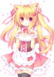  :o animal_ears apron bangs black_legwear blonde_hair blush bow breasts cat_ears cat_girl cat_tail cleavage commentary_request eyebrows_visible_through_hair food_themed_hair_ornament frilled_apron frilled_skirt frills hair_between_eyes hair_ornament hair_ribbon hands_up heart heart_in_eye highres himetsuki_luna long_hair looking_at_viewer medium_breasts open_mouth original pink_bow pink_ribbon pink_skirt pleated_skirt puffy_short_sleeves puffy_sleeves purple_eyes ribbon short_sleeves skirt solo strawberry_hair_ornament symbol_in_eye tail tail_bow tail_ribbon thighhighs two_side_up very_long_hair waist_apron white_apron white_background wrist_cuffs 