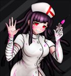  alternate_costume bandaged_arm bandages bangs blunt_bangs blush danganronpa elbow_gloves gloves hat komatsuzaki_rui_(style) kurokku-tokei long_hair looking_at_viewer mole mole_under_eye nurse nurse_cap pink_blood purple_hair red_eyes single_glove skirt solo spoilers super_danganronpa_2 syringe tsumiki_mikan 