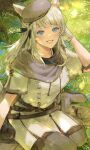  1girl animal_ears arm_strap bandaged_hand bandages belt_pouch beret black_bag black_bow blue_eyes blue_flower boots bow braid breasts cape cat_ears cat_girl cat_tail commentary commission crown_braid dappled_sunlight english_commentary facial_mark final_fantasy final_fantasy_xiv flower foot_out_of_frame from_above grass grey_boots grey_cape grey_hat grin hair_bow hair_over_shoulder hand_in_own_hair hand_up hat highres long_hair looking_at_viewer medium_breasts miqo&#039;te on_grass pouch short_sleeves sidelocks sitting skeb_commission smile solo sunlight tail tassel teeth tree under_tree wariza warrior_of_light_(ff14) wawatiku white_flower white_hair 