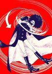  1boy 1girl afro artist_name boots brook_(one_piece) cape commentary english_commentary full_body goggles goggles_on_headwear gunko hat high_collar highres one_piece red_background short_hair simple_background skeleton ysnfjkw 