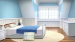  blanket blue_theme chest_of_drawers day desk_lamp highres indoors lamp no_humans non-web_source official_art our_life:_beginnings_and_always pillow rug scenery striped_wall sunlight towel windowsill wooden_floor 