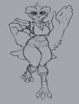 anthro arm_tuft avian big_breasts big_hands bird bottomwear breasts cheek_tuft chest_tuft cleavage clothed clothing denim denim_bottomwear denim_clothing eyelashes eyewear facial_tuft feet female freckles front_view glasses hi_res holding_eyewear holding_glasses holding_object huge_eyebrows huge_hands huge_hips huge_thighs jeans looking_at_viewer monochrome neck_tuft non-mammal_breasts one_leg_up owl pants proxicute raised_leg shirt simple_background sketch small_waist solo talons tank_top thick_thighs tight_bottomwear tight_clothing tight_jeans tight_pants toes topwear tuft wasp_waist waving_hand wide_hips winged_arms wings