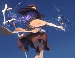  1girl absurdres black_bow blue_hair blue_sky bow braid brown_cloak brown_hat brown_skirt chinese_commentary clear_sky cloak clothes_lift commentary_request feet_out_of_frame floating_clothes floating_hair from_behind hair_bow hat heart highres holding holding_staff hydrokinesis loong_(loong_blo) low_twin_braids mage_staff mushoku_tensei outdoors outstretched_arms roxy_migurdia skirt skirt_lift sky solo sparkle spread_arms staff standing twin_braids water wind wind_lift witch_hat 