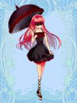  1girl black_dress black_umbrella blue_background chardoll_primavista dairoku_ryouhei doll_joints dress eye_mask frilled_umbrella frills full_body holding holding_umbrella joints kokuzu long_hair parasol red_hair sandals skirt_hold solo standing umbrella 