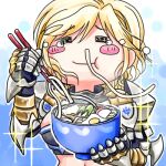  1girl =_= armor bikini_armor blonde_hair blue_background blush_stickers bowl chopsticks closed_mouth commentary_request food gauntlets holding holding_bowl holding_chopsticks lowres noodles pauldrons ragnarok_online ramen royal_guard_(ragnarok_online) short_hair shoulder_armor smile solo upper_body white_background yukimushi 