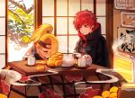  2boys akatsuki_uniform angry baocaizi blonde_hair blush calendar_(object) closed_eyes cup deidara_(naruto) food forehead_protector fruit heater high_ponytail highres indoors iwagakure_symbol kotatsu lollipop_in_mouth long_hair looking_to_the_side male_focus mandarin_orange mug multiple_boys naruto_(series) naruto_shippuuden open_door ponytail red_eyes red_hair robe sasori_(naruto) short_hair sitting sleeping sliding_doors snow star_(symbol) steam table teapot tree 