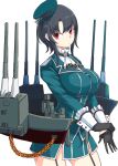  1girl beret black_gloves black_hair blue_hat blue_jacket blue_skirt boushi-ya breasts cannon contrapposto cowboy_shot garter_straps gloves hat highres jacket kantai_collection large_breasts machinery military_uniform red_eyes short_hair simple_background skirt solo standing takao_(kancolle) white_background 