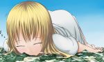  blonde_hair city clouds destruction giantess landscape lying_down mountain sleeping terada_ochiko 