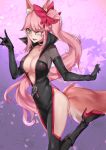  ;d animal_ears bespectacled black_bodysuit blush bodysuit bow breasts bug butterfly choker cleavage eyebrows_visible_through_hair fang fate/grand_order fate_(series) floral_background fox_ears fox_shadow_puppet fox_tail glasses grey-framed_eyewear hair_bow high_collar high_heels highres insect large_breasts leg_up long_hair looking_at_viewer one_eye_closed open_mouth partially_unzipped pelvic_curtain petals pink_background pink_bow pink_hair ryairyai side_ponytail sidelocks skin_tight smile solo sparkle standing standing_on_one_leg tail tamamo_(assassin)_(fate) tamamo_(fate)_(all) thighs tsurime upper_teeth v-shaped_eyebrows very_long_hair yellow_eyes zipper zipper_pull_tab 