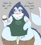 2023 ambiguous_gender anthro areola barista belly blue_body blush bottomwear bottomwear_down breasts clothed clothing container cup disembodied_hand eeveelution english_text generation_1_pokemon genitals hangarafterdark hi_res ill_fitting_clothing looking_at_viewer nintendo nipples open_mouth overweight overweight_anthro pants pants_down partially_clothed pokemon pokemon_(species) slightly_chubby slightly_chubby_anthro tail talking_to_viewer text thick_thighs touching_pussy trans_(lore) trans_man_(lore) vaporeon vulva