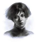  1boy artist_name blunt_ends bodysuit closed_mouth commentary dated english_commentary expressionless genshin_impact greyscale highres lips looking_to_the_side male_focus mandarin_collar monochrome nikolas_(nikolardon) portrait realistic redrawn scaramouche_(genshin_impact) sideways_glance sketch solo white_background wispy_bangs 