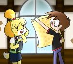 2019 animal_crossing anthro arms_bent bangs bell_hair_tie black_clothing black_eyes black_nose black_shirt black_t-shirt black_topwear blonde_hair blue_bottomwear blue_clothing blue_pants blue_skirt bottomwear bow_tie brown_eyes brown_hair button_(fastener) canid canine canis clipboard closed_smile clothed clothed_anthro clothed_female clothed_human clothed_male clothing cookieboy011 digital_drawing_(artwork) digital_media_(artwork) dipstick_tail domestic_dog english_description eyebrow_through_hair eyebrows facial_markings female female_anthro floppy_ears fluffy_ears fully_clothed fully_clothed_anthro fully_clothed_female fully_clothed_human fully_clothed_male fur green_clothing green_topwear green_vest hair hand_on_own_face head_markings holding_clipboard holding_object holding_wallpaper human inside isabelle_(animal_crossing) light lighting lop_ears male male_human mammal markings mitten_hands mouth_closed nintendo no_pupils open_mouth open_smile orange_ears pants pattern_clothing pattern_topwear pattern_vest pink_tongue plaid plaid_clothing plaid_topwear plaid_vest pockets ponytail pupils red_bow_tie red_hair_tie red_nose shaded shih_tzu shirt short_hair skirt smile smiling_at_another standing story story_in_description t-shirt tail tail_markings tan_body tan_skin teeth tongue topwear toy_dog translucent translucent_hair triangle_nose two_tone_tail vest villager_(animal_crossing) wall_(structure) white_markings white_pupils white_tail_tip white_wall window yellow_body yellow_fur yellow_tail