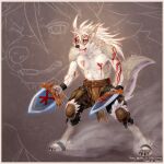  1boy abs adaoz animal_ears artist_name bara biceps black_pants blood blood_on_arm blood_on_body blood_on_face character_name claws clenched_teeth copyright_name cygames dagger dog_boy dual_wielding english_commentary english_text furry furry_male grey_fur holding holding_dagger holding_knife holding_weapon injury klaus_(world_flipper) knife loincloth looking_to_the_side male_focus muscular muscular_male nosebleed one_eye_closed pants pectorals red_eyes signature tail teeth topless_male torn_clothes torn_pants weapon white_hair wolf_boy wolf_ears wolf_tail world_flipper 