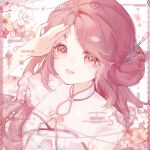  1girl cherry_blossoms china_dress chinese_clothes collared_dress commission dress eyelashes floral_print flower food_print frilled_sleeves frills fruit_print hair_bun hair_ornament hairpin hand_on_own_head highres hou_mianbao_gou infinity_nikki light_blush long_hair looking_ahead lower_teeth_only nikki_(nikki) nikki_(series) open_mouth peach_print peachy_bond_(infinity_nikki) pink_eyes pink_flower pink_hair pink_theme puffy_short_sleeves puffy_sleeves sample_watermark shanghai_neckline short_sleeves simple_background single_side_bun smile solo sparkle teeth too_many_watermarks upper_body watermark white_background white_dress 