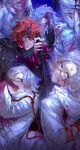  6+boys :d absurdres ahoge aotsuki_eito arms_up black_gloves bleeding blood blood_in_hair blood_on_clothes blood_on_face blood_on_knife blood_on_neck blood_on_weapon blue_background blue_eyes bound bound_wrists chinese_commentary clone evil_grin evil_smile eyes_out_of_frame glasses gloves grey_hair grin hand_on_another&#039;s_shoulder head_out_of_frame highres holding holding_sword holding_weapon hood impaled injury jacket knife last_defense_academy_school_uniform looking_at_viewer male_focus multicolored_hair multiple_boys noose out_of_frame pants purple_eyes red_hair school_uniform short_hair smile streaked_hair string string_of_fate sumino_takumi sword the_hundred_line_-last_defense_academy- waiaaaaaaa weapon whispering white_jacket white_pants 