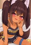  1girl animal_ear_fluff animal_ears anubis_(surio) bare_arms bare_shoulders blush breasts brown_hair character_name chinese_commentary commentary_request crop_top crying_emoji dark-skinned_female dark_skin emoji hair_between_eyes highres meme midriff miniskirt open_mouth protected_link skirt small_breasts solo stomach surio tail tank_top thighs twintails uohhhhhhhhh!_(meme) 
