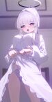  1girl blue_archive blurry blurry_background blush breasts clothes_lift commentary_request dress dress_lift feet_out_of_frame frilled_pajamas frills halo heart heart-shaped_pupils highres indoors large_breasts lifting_own_clothes long_hair long_sleeves looking_at_viewer majo_(pastamajo) mechanical_halo noa_(blue_archive) noa_(pajamas)_(blue_archive) official_alternate_costume official_alternate_hairstyle open_mouth pajamas panties ponytail puffy_long_sleeves puffy_sleeves skirt_hold solo standing symbol-shaped_pupils teeth thighs tongue tongue_out underwear upper_teeth_only very_long_hair white_halo white_pajamas white_panties 