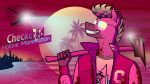 16:9 aircraft anthro axe beach blood blood_on_axe blood_on_clothing blood_on_neck blood_on_weapon bodily_fluids bridge checkered_(artist) checkered_(pony) city city_background clothing ears_up equid equine eyewear helicopter holding_axe holding_melee_weapon holding_object holding_weapon horse male mammal melee_weapon palm_tree plant pony sea smile smiling_at_viewer solo sunglasses text tree vehicle water weapon widescreen