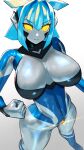  1girl altina_earth blue_hair blue_skin breasts clenched_hand closed_mouth colored_skin giant giantess glowing grey_skin highres large_breasts looking_at_viewer multicolored_hair nikunopengin original personification robot solo standing white_background yellow_eyes 