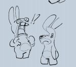2023 ambiguous_anthro ambiguous_gender anthro black_eyes blue_background blue_body blue_fur blue_tongue buckteeth critterzone13 digital_drawing_(artwork) digital_media_(artwork) duo english_description exclamation_point featureless_chest featureless_crotch featureless_legs frown fur lagomorph long_ears mammal mitten_hands nude_ambiguous nude_anthro open_frown open_mouth panicking question_mark rabbid raving_rabbids rayman_(series) simple_background sketch standing teeth tongue ubisoft unusual_head