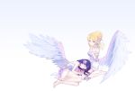  2girls ayase_eri barefoot blonde_hair blue_hair choker cuivre flowers gradient long_hair love_live!_school_idol_project ponytail purple_eyes shorts sleeping toujou_nozomi white wings 