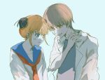  1boy 1girl anger_vein blue_background blue_eyes blue_sailor_collar brown_hair bun_cover chinese_commentary closed_mouth commentary_request gintama grey_shirt grin highres jacket kagura_(gintama) long_sleeves neckerchief okita_sougo open_clothes open_jacket orange_hair red_eyes red_neckerchief sailor_collar shirt short_hair simple_background smile tuitangguxuanshou upper_body white_jacket white_shirt 