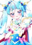  1girl absurdres artist_name blue_cape blue_dress blue_eyes blue_hair bow brooch cape commentary cure_sky cut_bangs detached_sleeves dress dress_bow earclip earrings fingerless_gloves foreshortening gloves hair_ornament half-closed_eyes hand_on_own_chest highres hirogaru_sky!_precure jewelry long_hair looking_at_viewer magical_girl multicolored_hair open_mouth pink_bow pink_hair pixiv_username potacure precure puffy_detached_sleeves puffy_sleeves reaching reaching_towards_viewer red_cape signature single_earring single_sidelock sleeveless sleeveless_dress smile solo sora_harewataru standing streaked_hair twintails twitter_username two-sided_cape two-sided_fabric two-tone_dress two-tone_hair upper_body very_long_hair white_dress white_gloves wing_brooch wing_hair_ornament 