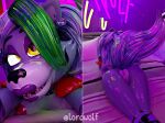 2025 3_toes 3d_(artwork) 4_fingers absurd_res animatronic anthro anus areola bed black_nose breasts canid canine canis claws clothed clothing digital_media_(artwork) ear_piercing ear_ring english_text eyebrows feet female fingers five_nights_at_freddy&#039;s five_nights_at_freddy&#039;s:_security_breach furniture genitals glistening glistening_body green_claws green_highlights grey_hair hair hi_res highlights_(coloring) lipstick looking_at_viewer lordwolf machine makeup mammal nipples open_mouth piercing pink_areola pink_nipples pointy_ears prick_ears purple_lipstick ring_piercing robot robot_anthro roxanne_wolf roxanne_wolf_(coolioart) scottgames solo steel_wool_studios text toes vulva wolf yellow_eyes