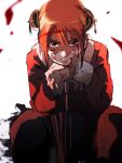  1girl blood blood_on_face blue_eyes bun_cover closed_mouth commentary_request double_bun floating_blood gintama hair_bun highres imamuu_(imamoon) kagura_(gintama) long_sleeves looking_at_viewer planted planted_umbrella sidelocks sitting smile solo umbrella 