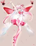  :d ahma blue_eyes blush bow bowtie butterfly_wings copyright_request earrings grey_background hand_up high_heels highres jewelry looking_at_viewer open_mouth pantyhose pink_hair pink_legwear pink_neckwear pink_skirt round_teeth skirt smile solo teeth wings 