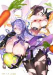  alternate_costume animal_ears areola_slip areolae ario black_gloves black_hair breasts bunny_ears camilla_(fire_emblem_if) carrot cleavage commentary_request covered_nipples easter_egg egg fire_emblem fire_emblem_heroes fire_emblem_if gloves hair_over_one_eye huge_breasts kagerou_(fire_emblem_if) multiple_girls pantyhose purple_hair smile torn_clothes torn_legwear 