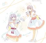  !? 2girls :d ^_^ animal_ears animification arrow_(symbol) artist_name blunt_bangs blush cat cat_ears cat_tail cerise_bouquet closed_eyes commentary dated drawn_ears drawn_tail dress english_text frilled_dress frilled_gloves frills full_body fur-trimmed_dress fur_trim gloves grin hairband hanamiya_nina hashtag high_heels highres holding holding_microphone jewelry kneeling link!_like!_love_live! looking_at_viewer love_live! marriage_proposal microphone multiple_girls nirei_nozomi obi obijime official_alternate_costume open_mouth orange_sash rabbit rabbit_ears rabbit_tail real_life ring sash shoes signature single-shoulder_dress smile spoken_interrobang suisai_sekai symbol-only_commentary tail voice_actor wedding_ring white_background white_dress white_gloves white_hairband white_shoes woodonly yuri 