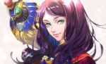  animal animal_on_shoulder bangs bird_on_shoulder blue_eyes closed_mouth commentary_request eyelashes fate/grand_order fate_(series) grey_background leonardo_da_vinci_(fate/grand_order) long_hair looking_at_viewer parted_bangs portrait purple_hair robot simple_background smile solo tenobe 