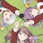  3girls :d ;) aqua_neckerchief arm_up barkhorn0331 black_choker black_gloves blue_flower bob_cut brown_dress brown_hair choker circle_formation closed_mouth colored_inner_hair commentary_request diagonal_bangs dress flower fujishima_megumi gloves grass green_eyes grey_hair hair_bun hair_flower hair_intakes hair_ornament half_gloves hasu_no_sora_school_uniform highres inverted_bob link!_like!_love_live! long_hair long_sleeves love_live! lying multicolored_hair multiple_girls neckerchief o-ring o-ring_choker on_back one_eye_closed open_mouth otomune_kozue pink_flower purple_eyes purple_flower red_flower red_hair sailor_collar sailor_dress school_uniform short_hair side_ponytail sidelocks single_side_bun smile split_mouth star_(symbol) star_hair_ornament streaked_hair tassel tassel_hair_ornament triangle_hands triangle_hands_trio tulip two_side_up virtual_graduation_commemoration virtual_youtuber white_sailor_collar winter_uniform yellow_flower yugiri_tsuzuri 