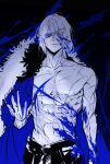  1boy abs arm_up blood blood_on_body blood_splatter blue_blood blue_cape blue_eyes cape closed_mouth collarbone commentary_request cowboy_shot dimitri_alexandre_blaiddyd dimitri_alexandre_blaiddyd_(timeskip) eyepatch fire_emblem fire_emblem:_three_houses frown fur-trimmed_cape fur_trim gimechall hair_between_eyes highres korean_commentary looking_down male_focus medium_hair one_eye_covered pants pectorals solo toned toned_male topless_male 