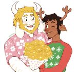 aloha_shirt anthro antlers asgore_dreemurr beard black_hair blonde_hair blush bouquet bovid brown_body brown_fur caprine christmas christmas_clothing christmas_sweater christmas_topwear clothing deer deltarune duo facial_hair flower flower_bouquet fur gabehedge goat hair hi_res holidays horn male male/male mammal mustache new_world_deer one_eye_closed pattern_clothing pattern_shirt pattern_topwear plant reindeer rudolph_holiday shirt smile sweater topwear undertale_(series) white_body white_fur wink