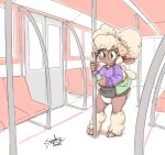 2025 2_horns anthro bell bell_collar blonde_hair bottomwear bovid brown_body brown_skin caprine cellphone clean_diaper clothed clothing cloven_hooves collar colored cowbell diaper diaper_peekage electronics eyewear female full-length_portrait fur glasses hair hi_res holding_cellphone holding_object holding_phone holding_smartphone hooves horn inside_train june_(lavenderlamb) looking_at_cellphone looking_at_object looking_at_phone mammal miniskirt phone portrait public purple_clothing purple_sweater purple_topwear purse sheared sheep signature skirt smartphone solo sophiepoof space_buns standing sweater tan_body tan_fur tan_wool topwear wearing_diaper wool_(fur) yellow_eyes