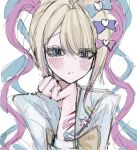  1girl aegyo_sal arm_up bandaid bandaid_on_arm blonde_hair blue_eyes blue_hair blue_serafuku blush bow chest_bow chouzetsusaikawa_tenshi-chan frown hair_bow hand_on_own_chin highres injury looking_at_viewer multiple_hair_bows multiple_scars needy_girl_overdose pao_(i_loxe_u) pink_hair quad_tails scar scar_on_arm school_uniform serafuku sidelocks solo upper_body white_background wrist_cutting 