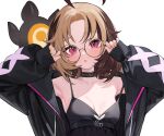 1girl ahoge alternate_costume alternate_hairstyle armpits bare_shoulders bespectacled black_choker black_dress black_jacket blonde_hair breasts brown_hair choker cleavage commentary cross-laced_clothes cross-laced_sleeves curtained_hair dress gigi_murin glasses high-waist_dress highres hololive hololive_english hoshi_usagi jacket looking_at_viewer medium_hair multicolored_hair off_shoulder open_clothes open_jacket open_mouth pink_eyes short_hair simple_background sleeves_past_wrists small_breasts solo spaghetti_strap strap_slip tail two-tone_hair upper_body virtual_youtuber white_background 