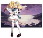  artist_name bag_charm blonde_hair blue_eyes charm_(object) commentary crying crying_with_eyes_open escort_water_hime full_body gambier_bay_(kantai_collection) hairband highres kantai_collection kinsenka_momi loafers long_hair long_sleeves looking_away mountain neck_ribbon open_mouth ribbon sailor_collar ship shipyard shoes shorts solo standing tears thighhighs twintails watercraft white_background white_legwear 