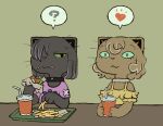 2025 anthro brown_body brown_fur brown_table burger choco_grayson clothing collar container crumbs_on_face cup curled_fur daisuke_amaya domestic_cat dress drinking_straw eating eating_food eyelashes felid feline felis female food fries fur gamila_brownie green_eyes grey_body grey_fur holding_container holding_cup holding_object lettuce looking_ahead looking_away looking_pleasured mammal neck_ring one_eye_obstructed paws plant print_clothing print_shirt print_topwear purple_clothing purple_shirt purple_topwear red_cup shirt simple_background soda_cup tongue topwear tray vegetable whiskers wrapper yellow_clothing yellow_dress