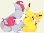  alternate_color bad_id bad_twitter_id brown_eyes fennekin gen_1_pokemon gen_6_pokemon grey_background hideko_(l33l3b) highres no_humans one_eye_closed parted_lips pikachu pokemon pokemon_(creature) shiny_pokemon simple_background sitting smile 