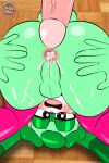 2:3 absurd_res anthro anus ass_up balls bodily_fluids brown_eyes butt clothing cum cum_in_ass cum_inside eyeshadow fan_character floor fur genital_fluids genitals green_body green_fur green_hair grey_body hair half-closed_eyes hi_res lagomorph legwear leporid long_ears looking_at_viewer makeup male mammal narrowed_eyes open_mouth pau_the_rabbit penis pink_nose rabbit scut_tail sega short_tail sirjzau solo sonic_the_hedgehog_(series) spread_anus spread_legs spreading tail