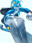  1girl altina_earth blue_hair breasts closed_mouth colored_sclera colored_skin from_below giant giantess highres large_breasts long_hair looking_at_viewer monster_girl nikunopengin original robot simple_background slime_girl solo wet yellow_eyes 