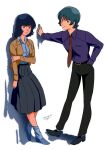  1980s_(style) 1boy 1girl belt black_hair blue_eyes blue_hair breasts fa_yuiry gundam highres jacket kamille_bidan long_sleeves looking_at_viewer necktie open_clothes open_jacket pants pgmajimaji retro_artstyle shirt shoes short_hair simple_background skirt smile socks white_background zeta_gundam 