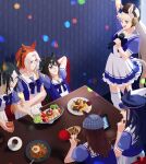  6+girls ;d absurdres ahoge animal_ears arms_behind_head beanie black_hair black_hat blonde_hair blue_bow blue_eyes blunt_bangs bow bowtie brown_hair brown_hat cup dream_journey_(umamusume) drinking_glass ear_bow ear_covers ears_through_headwear fenomeno_(umamusume) flipped_hair food french_fries from_above fuduki. glasses gold_ship_(umamusume) gradient_hair grey_hair grey_hat hair_between_eyes hair_intakes hat highres holding holding_cup holding_instrument holding_maracas holding_microphone horse_ears horse_girl horseshoe_ornament indoors instrument karaoke karaoke_box long_hair maracas microphone multicolored_hair multiple_girls nakayama_festa_(umamusume) one_eye_closed orange_hair orfevre_(umamusume) peaked_cap pillbox_hat plate pleated_skirt pudding puffy_short_sleeves puffy_sleeves purple_bow purple_bowtie purple_eyes purple_shirt sailor_collar sailor_shirt school_uniform shirt short_sleeves single_ear_cover sitting skirt smile stay_gold_(umamusume) stay_gold_clan_(umamusume) striped_hat table tail tail_through_clothes takoyaki thighhighs tracen_school_uniform two-tone_hair umamusume white_hair white_skirt white_thighhighs yakisoba 