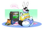 2022 anthro backwards_baseball_cap backwards_hat baseball_cap beverage_can big_breasts big_butt black_baseball_cap black_clothing black_legwear black_thigh_highs blue_hair bob-omb_battlefield bob-omb_buddy boosterpang bottomwear box breasts busty_boy_(lore) butt candy chip_bag clothed clothed_female clothing container controller crt dessert dialogue digital_drawing_(artwork) digital_media_(artwork) english_description english_text faceless_character faceless_female female food fruit_by_the_foot fur furgonomic_baseball_cap furgonomic_hat furgonomic_headwear furgonomics game_controller gaming hair hat headgear headwear holding_controller holding_game_controller holding_object hotpants huge_breasts lagomorph legwear leporid long_ears male_(lore) mallkin mammal mario mario_bros multicolored_hair nintendo nintendo_64_controller pb_(theycallhimcake) pepsi pink_hair playing_video_game purple_bottomwear purple_clothing purple_hotpants purple_shorts rabbit rear_view rug scut_tail short_tail shorts sitting solo speech_bubble sticker super_mario_64 tail text thigh_highs topwear two_tone_hair white_body white_fur yellow_clothing yellow_topwear
