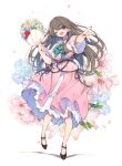  1girl ;d absurdres aqua_ascot black_shoes blue_flower bouquet breasts brown_hair commentary_request dream_believers dress floral_background flower flower_request frilled_dress frills fujishima_megumi full_body hamayumiba_sou highres holding holding_bouquet large_breasts link!_like!_love_live! long_hair looking_at_viewer love_live! official_alternate_costume one_eye_closed open_mouth pink_dress pinstripe_ascot purple_eyes red_flower red_rose rose shoes short_sleeves smile solo standing two_side_up underbust virtual_graduation_commemoration virtual_youtuber white_background white_flower 