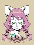 akiko android braided_hair cherry_blossom chest_tattoo chibemo domestic_cat ear_piercing ear_ring felid feline felis female flower hair hi_res humanoid machine mammal pale_skin piercing plant prunus_(flower) ring_piercing robot simple_background solo tattoo
